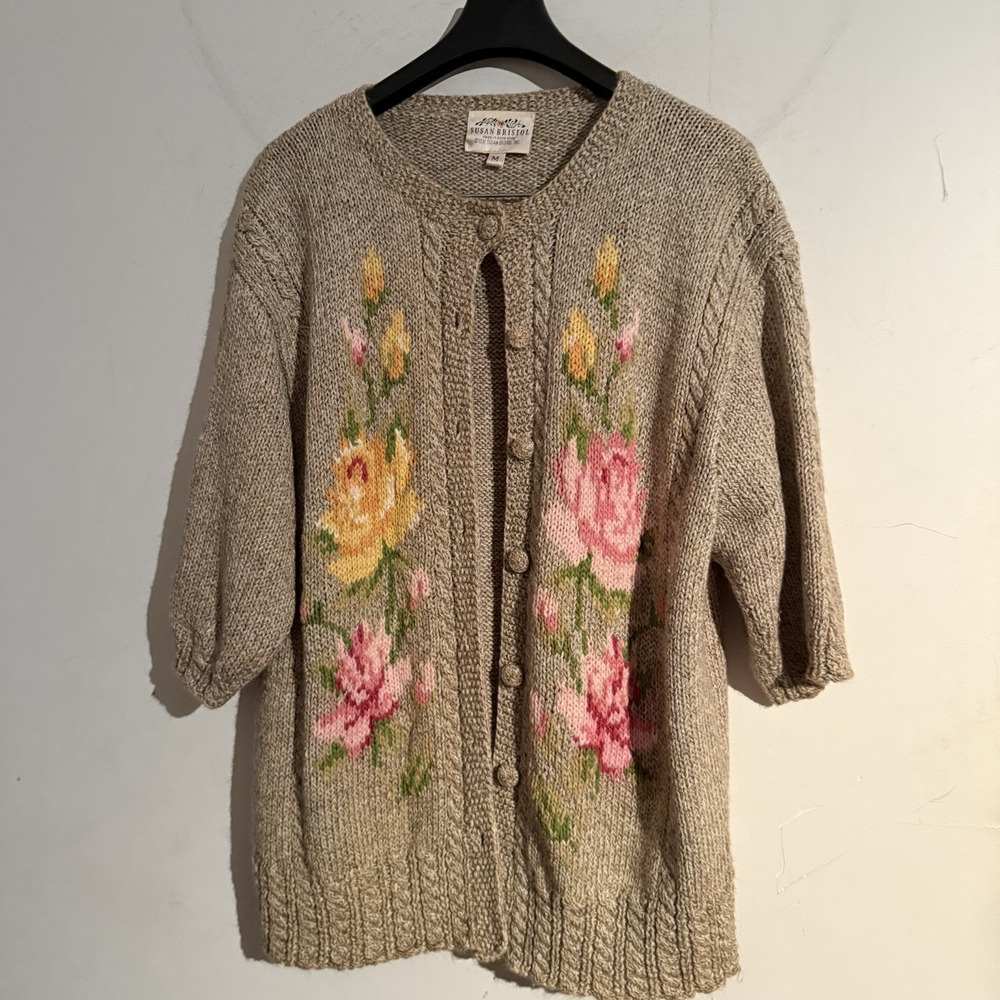 Susan Bristol Knit Cardigan Cottagecore Floral Embroidered Grandmacore Vintage M